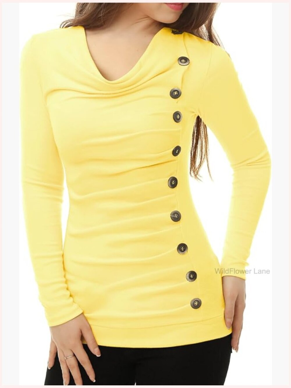 Women's Cowl Neck Long Sleeve Tunic Top Ruched Button Decor